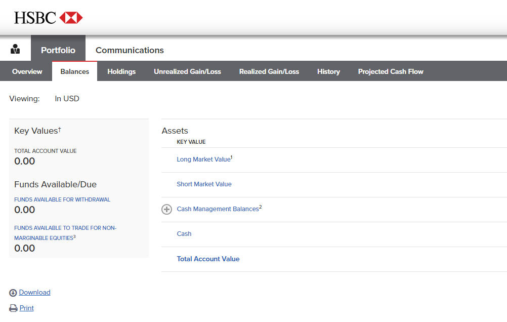 This image shows the Investment account details page, which appears in a pop-up window when selected through HSBC online banking.
